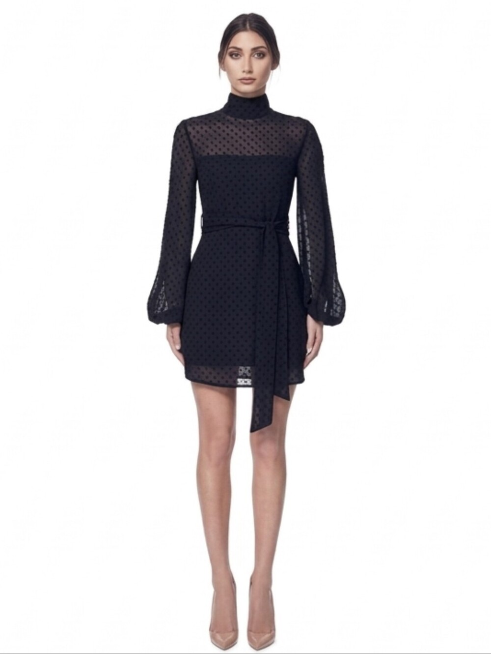 Misha Collection Black High Neck Blouson Long Sleeve Mini Dress